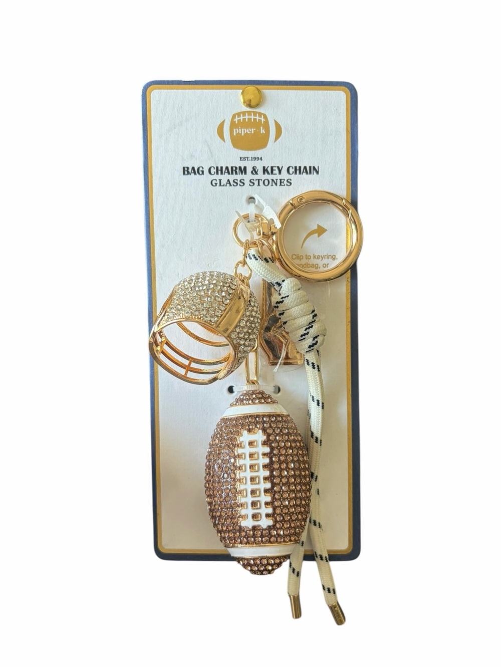 NEW - Piper K Football Themed Bag Charm & Keychain w/rhinestones, gold-tone
